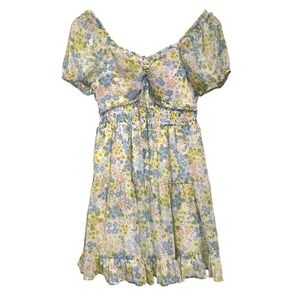 Madden NYC | Floral Boho Milkmaid Mini Dress Puff Sleeves Sz L Cottage Coquette